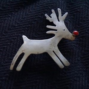 Sterling silver reindeer pin with red nose